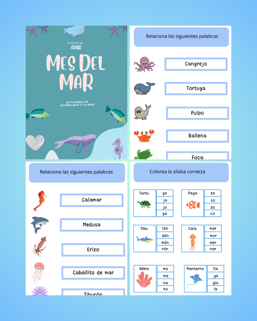 🐠 Actividad Educativa de Lectoescritura con Animales Marinos – Imprimible Gratis en PDF