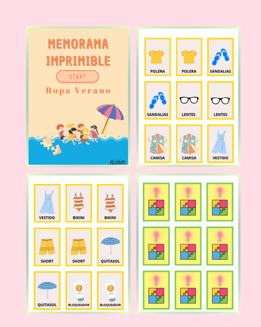 Juego de Memorama Imprimible de Ropa de Verano