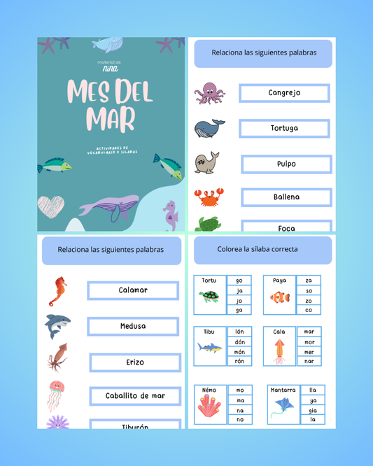 🐠 Actividad Educativa de Lectoescritura con Animales Marinos – Imprimible Gratis en PDF